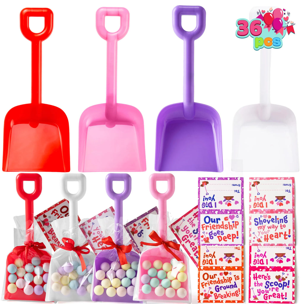 36Pcs Plastic Shovels Toy with Valentines Day Cards for Kids Classroom