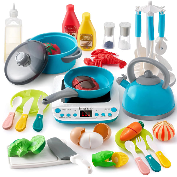 37Pcs Kids Kitchen Playset, Toddler Pretend Cooking Toy Set with Pans,