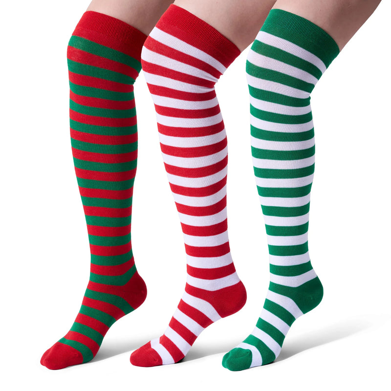 3 Pairs Women Striped Long Socks, Christmas Over Knee Socks, Elf Socks