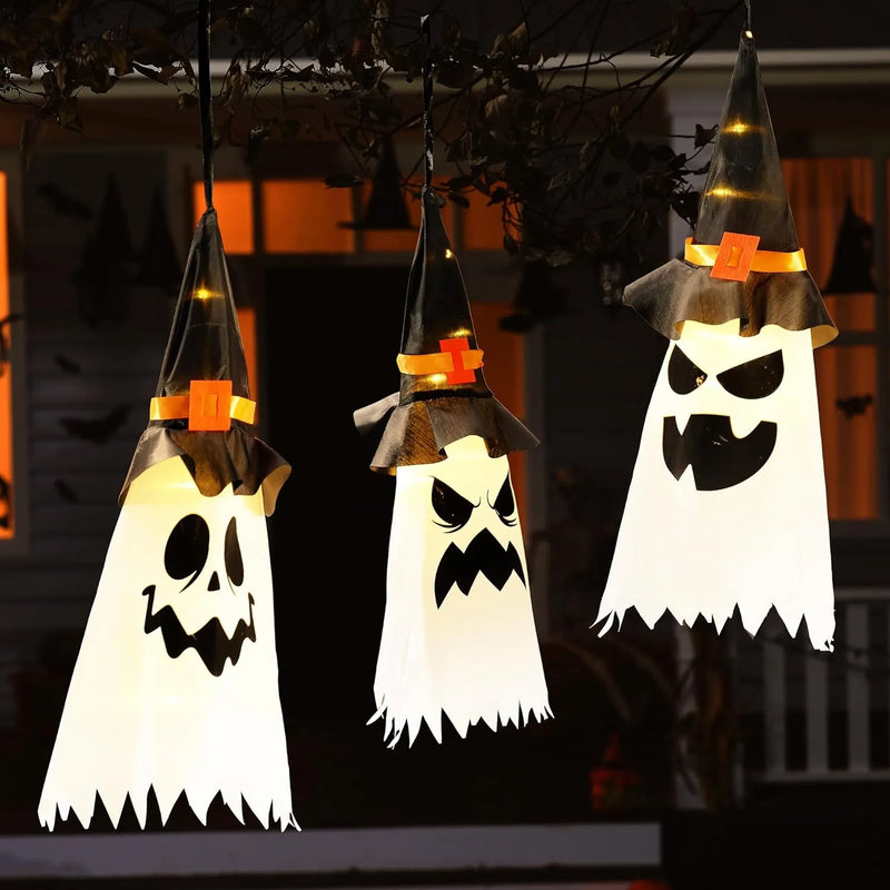 3Pcs 19.6in Halloween Light-up Hanging Ghost Witch Hat Lights