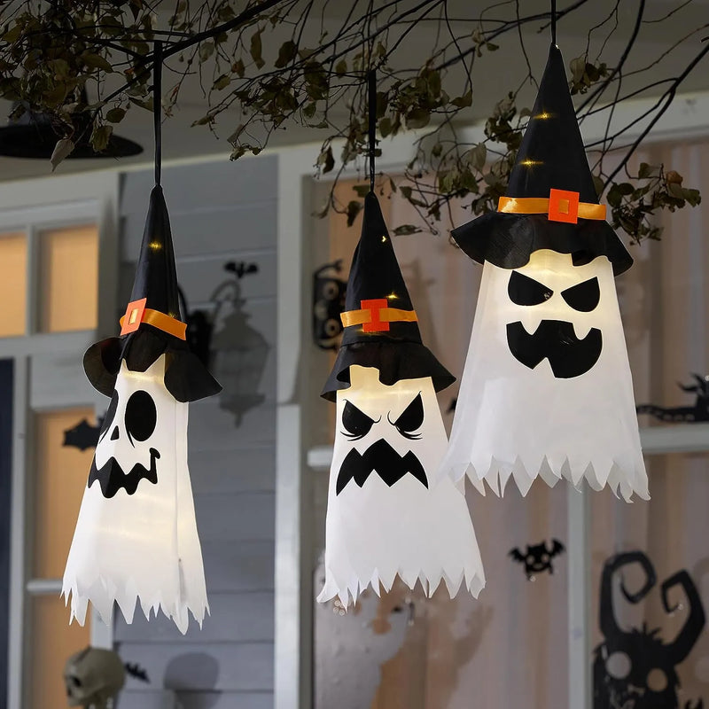 3Pcs 19.6in Halloween Light-up Hanging Ghost Witch Hat Lights