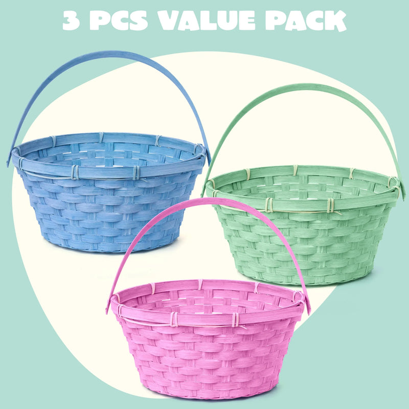 3Pcs Easter Bamboo Baskets with Folding Handle for Easter Egg Hunt