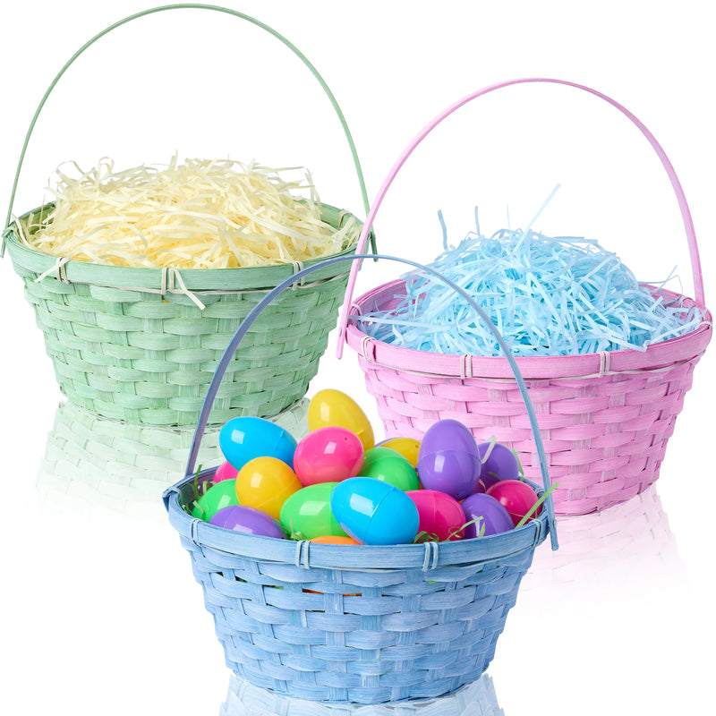 3Pcs Easter Bamboo Baskets with Folding Handle for Easter Egg Hunt