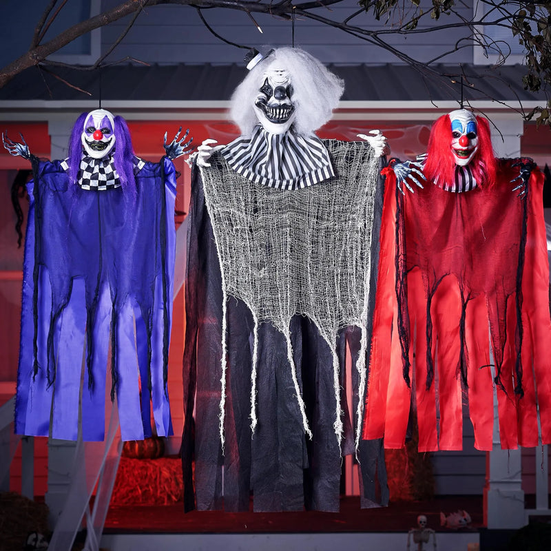 3 Pcs Halloween Hanging Clowns Decorations, one 47in, Two 35.4in Scary Hanging Clowns in Varies Colors