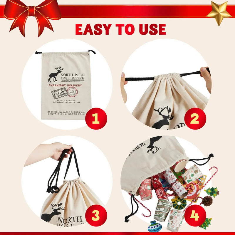 3Pcs Santa Burlap Sack Christmas Gift Bags with Drawstring 26in x 19in
