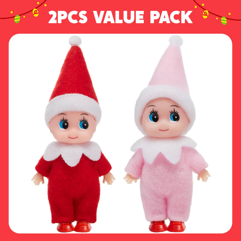 2PCS Christmas Tiny Elf Plush Doll, Red Pink