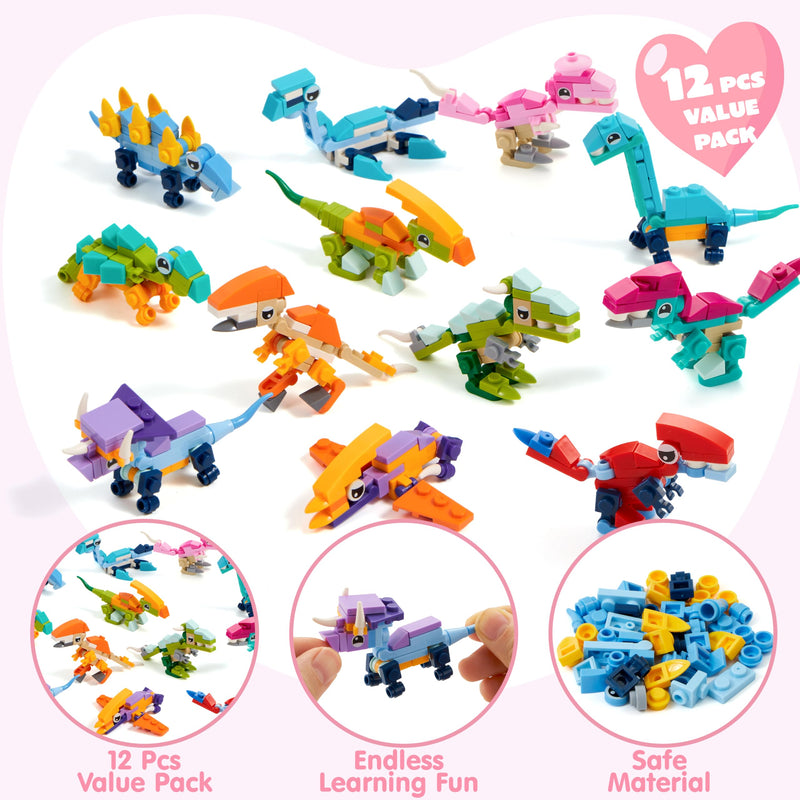 12 Packs Valentines Dinosaur Building Blocks Toys with Heart Boxes for Valentine Party Favors