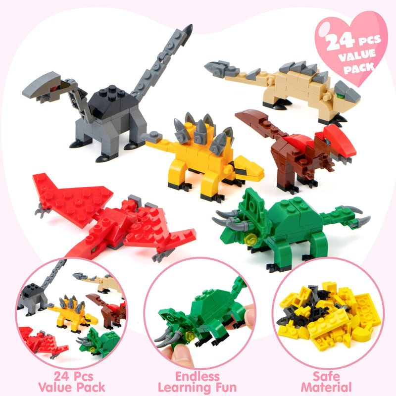 WODMAZ 24 Packs Valentines Day Cards For Kids, Dinosaur Building Blocks With Valentines Day Greeting Cards For Kids Valentines Day Gifts, Valentines Party Favors, Valentines Classroom Exchange