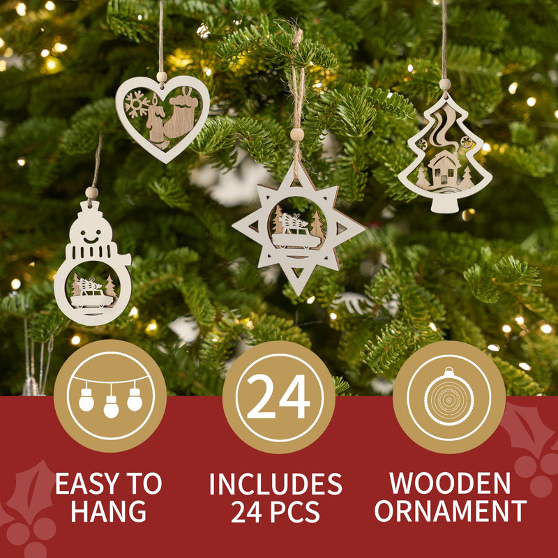 24 Pcs Christmas Wooden Carved Hanging Ornaments for Christmas Decor