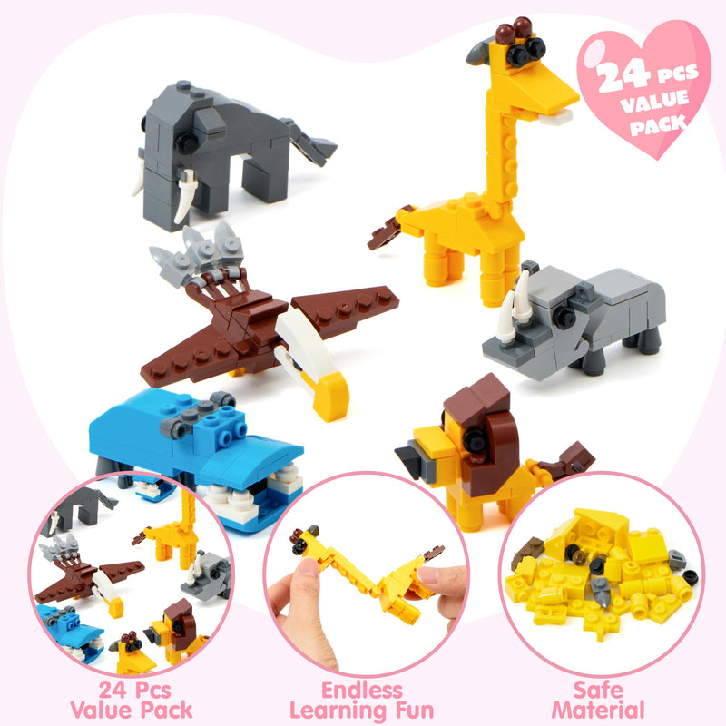 24 Packs Valentines Day Cards with Safari Animal Building Blocks for Gifts Party Favor