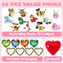 26pcs Building Blocks Animals Prefilled Hearts with Kids Valentines Cards
