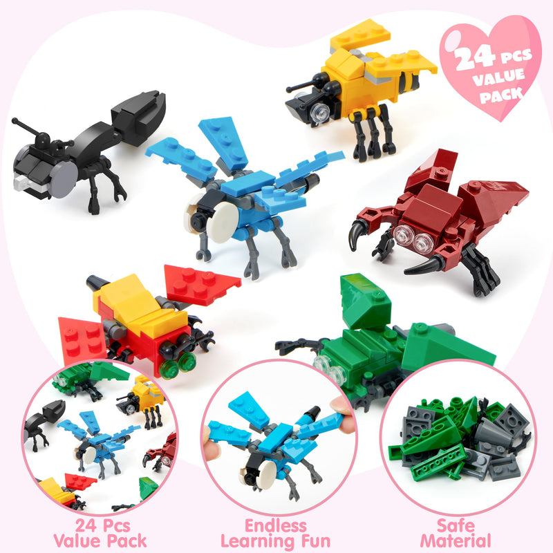 24 Packs Valentines Day Cards with Animal Building Blocks for Gifts Party Favor