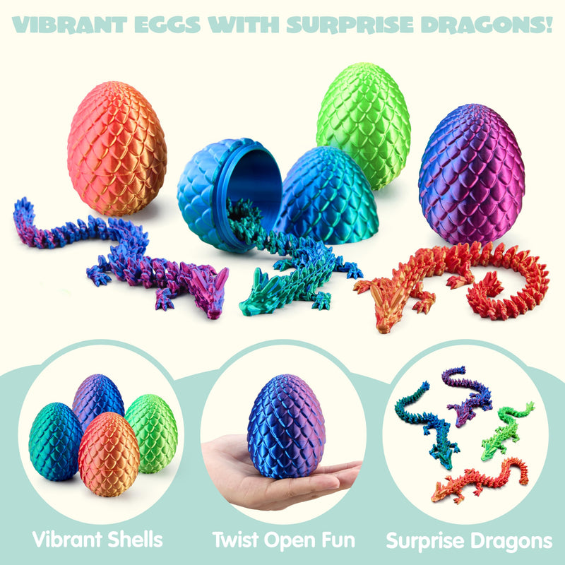 4 Pcs 3D Printed Dragon Eggs with Laser Dragon, Cool Articulated Toys for Kids