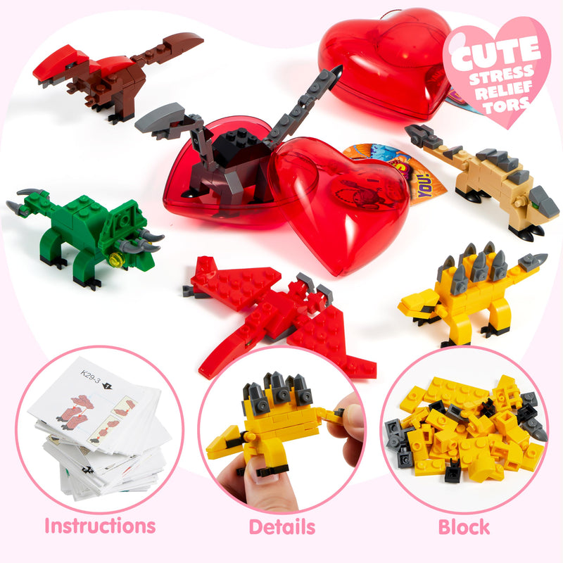 24 Packs Valentines Day Cards with Dinosaur Building Blocks Filled Hearts for Party Favor