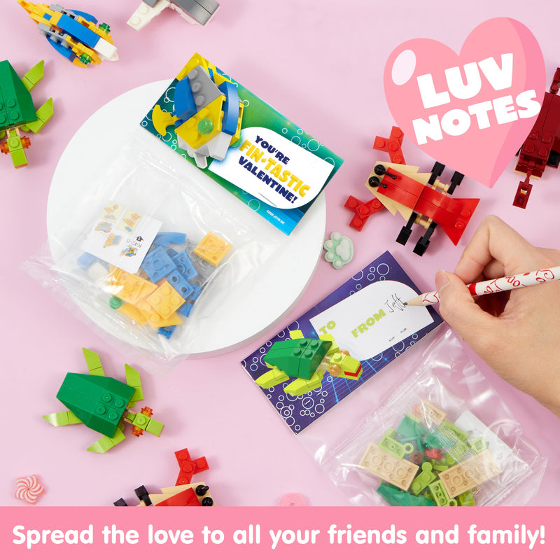 24 Packs Valentines Day Cards with Sea Animal Building Blocks for Gifts Party Favor