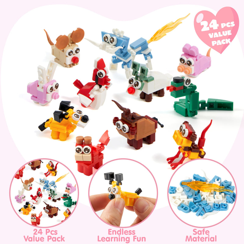 24 Packs Valentines Day Gift Cards with Animal Building Blocks for Party Favor Toy