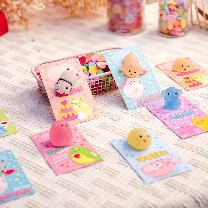 28 Packs Valentine's Day Gift Cards with Glitter Mochi Squishy Toys