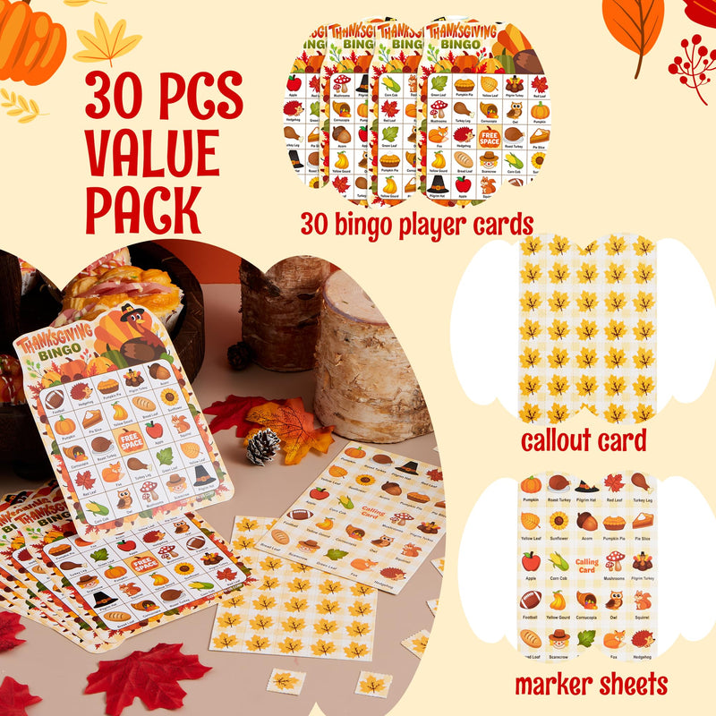 30 PCS Thanksgiving Bingo Game Cards for Kids Family Activities