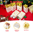 12 PCS Christmas Foil Gold Gift Bags with Tissue Papers and Name Card Tags
