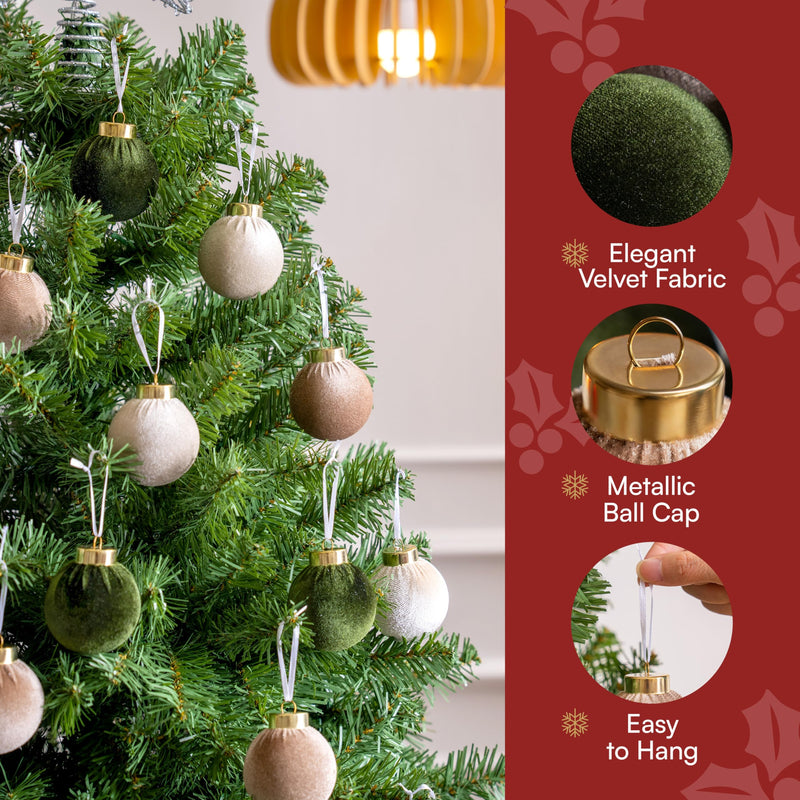 15 Pcs Christmas Velvet Ball Ornaments Set, 2.36'' Green Brown Neutral
