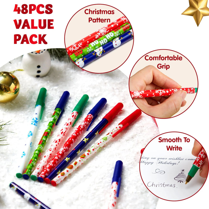 48 PCS Christmas Stick Pens Set Holiday Color Press Ballpoint Pens