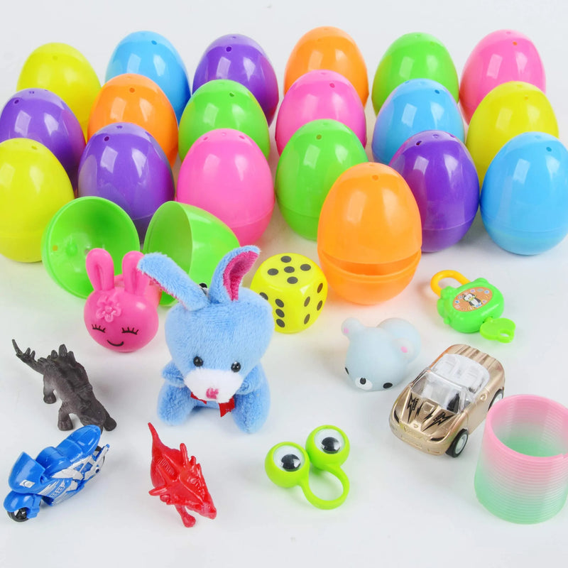 48Pcs 2.5in Bright Colorful and 2Pcs Gold Prefilled Plastic Easter Eggs with 25 Kinds of Popular Toys