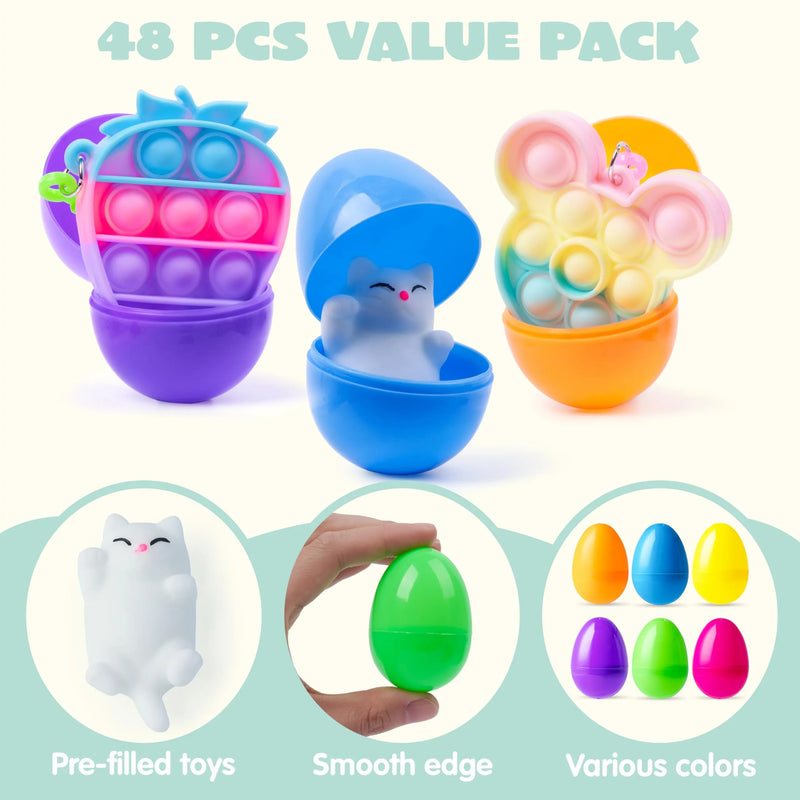 48Pcs Prefilled Easter Eggs with Assorted Toys, Filled with Mochi and Pop Bubble