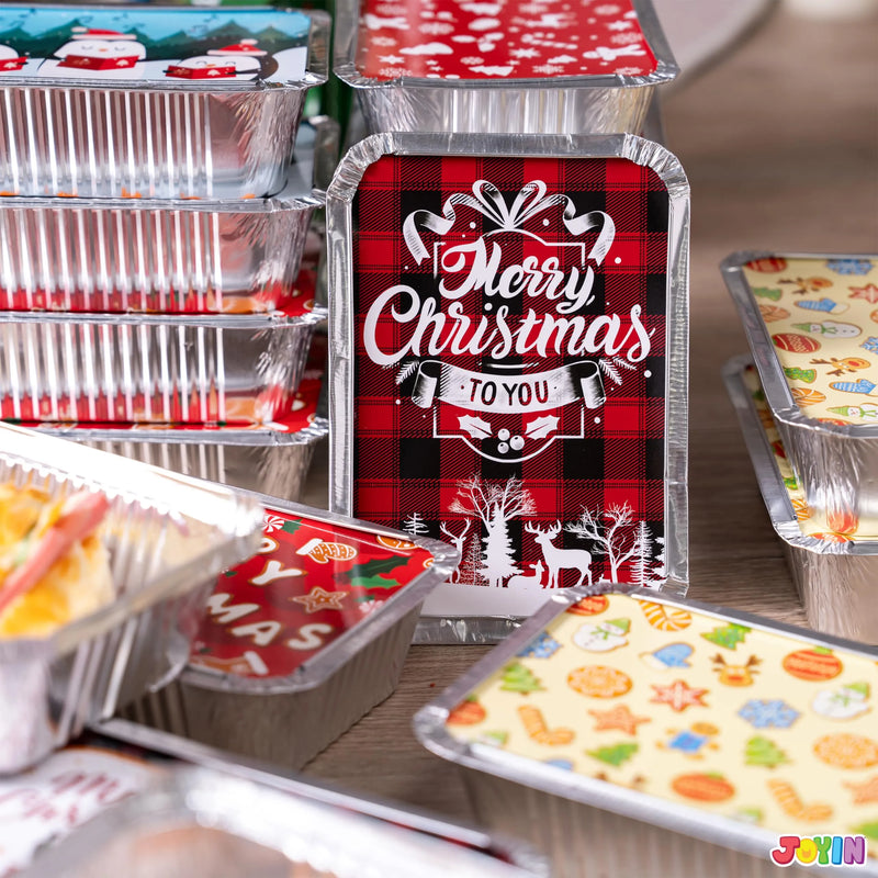 48 Pieces Christmas Foil Containers with Lids, 8 Holiday Designs