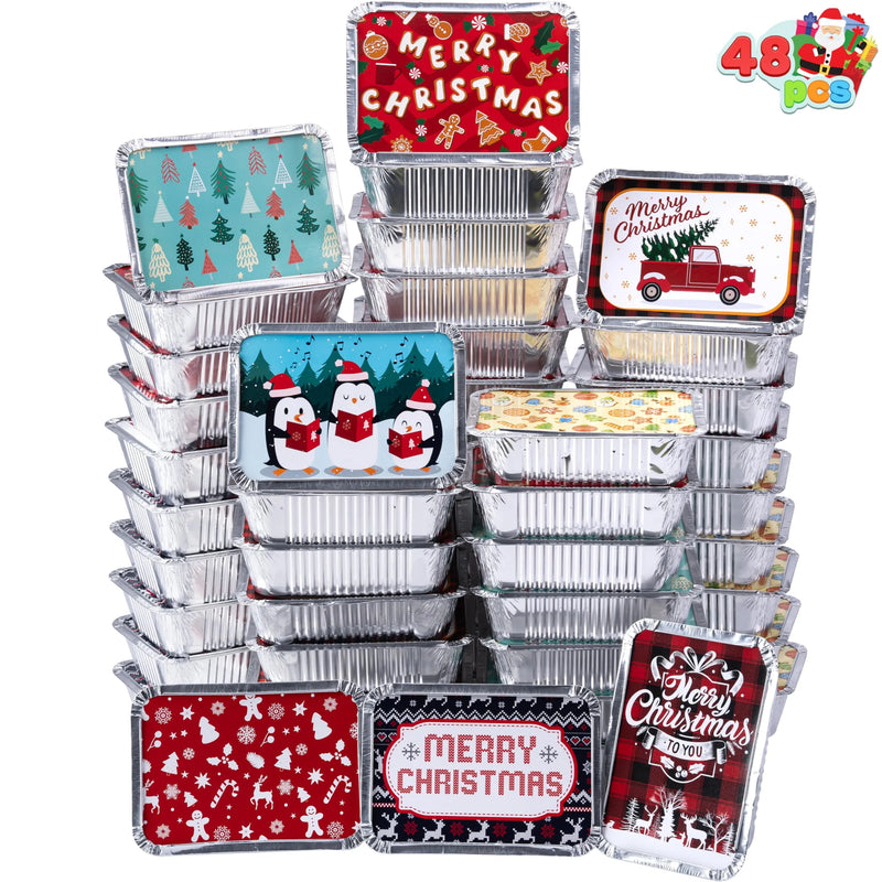 48 Pieces Christmas Foil Containers with Lids, 8 Holiday Designs