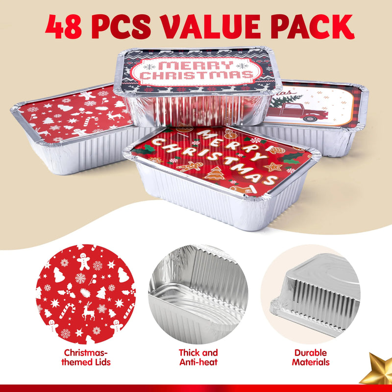 48 Pieces Christmas Foil Containers with Lids, 8 Holiday Designs