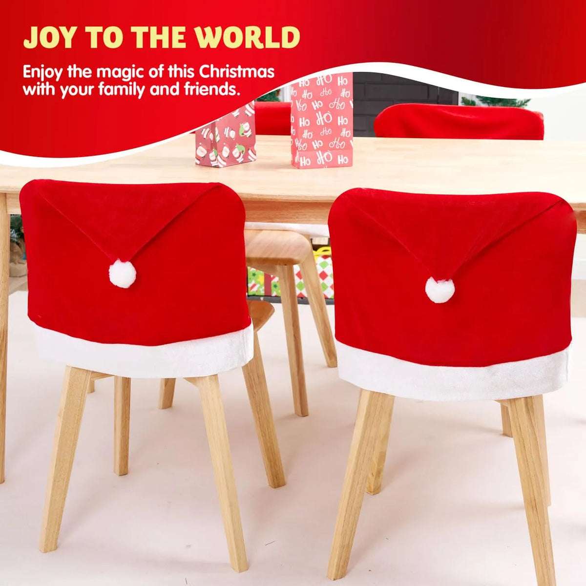 JOYIN 4pcs Christmas Chair Cover Red Santa Hat Chair Slipcovers