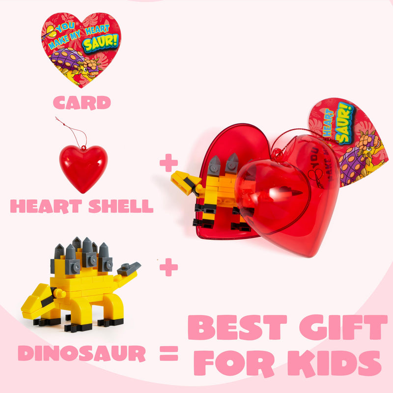 24 Packs Valentines Day Cards with Dinosaur Building Blocks Filled Hearts for Party Favor
