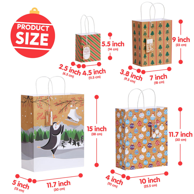 24 PCS Christmas Kraft Bag Assorted Sizes Xmas Gift Paper Bags