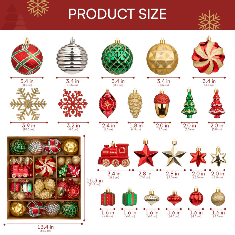 82 Pcs Assorted Christmas Ornaments Ball Set, 3.15'' Red Gold Green Deluxe
