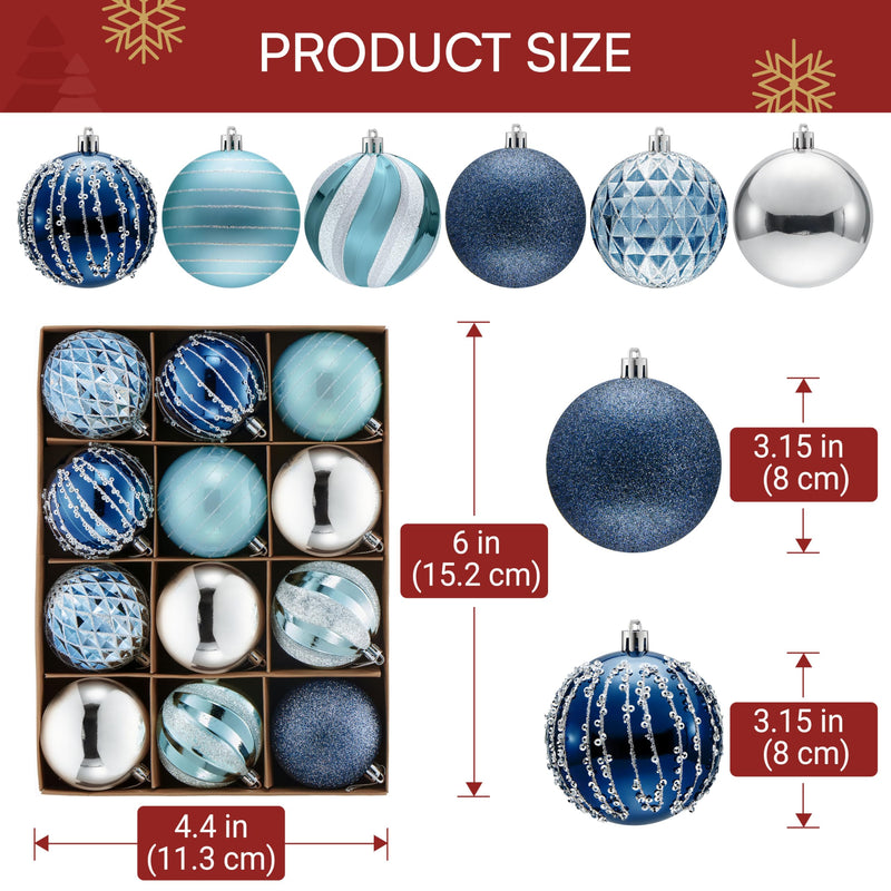 12 Pcs 3.15'' Blue Silve Christmas Balls Ornaments Set