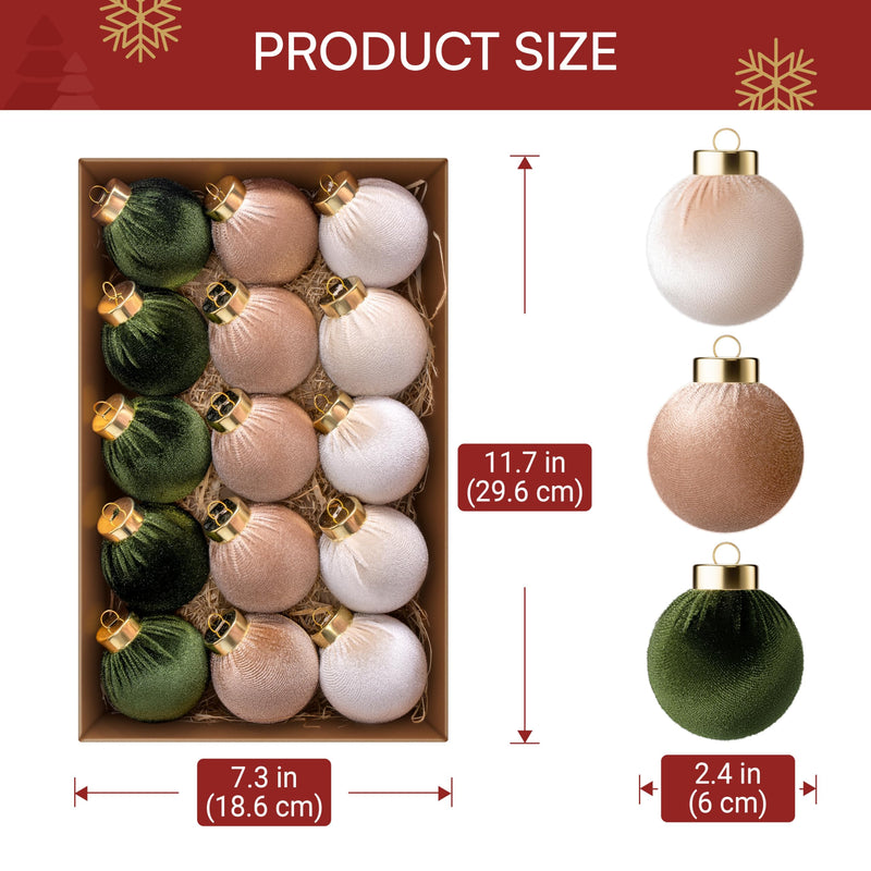 15 Pcs Christmas Velvet Ball Ornaments Set, 2.36'' Green Brown Neutral