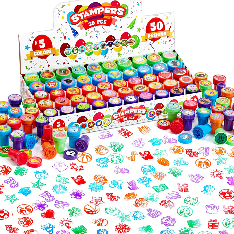 50Pcs Assorted Stamps for Kids Self-Ink Stamps with 50 Designs