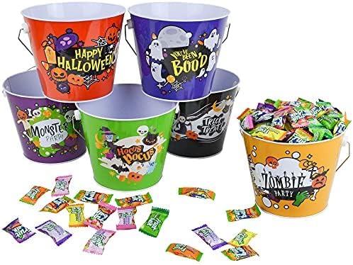 6 Pcs Halloween Trick and Treat Steel Bucket with 6 Designs