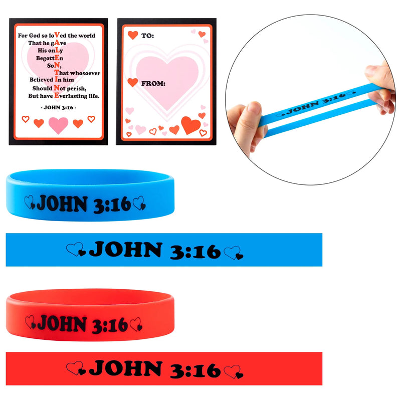 56Pcs John 3:16 Rubber Bracelet with Valentines Day Cards for Kids-Classroom Exchange Gifts