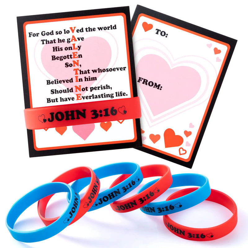 56Pcs John 3:16 Rubber Bracelet with Valentines Day Cards for Kids-Classroom Exchange Gifts