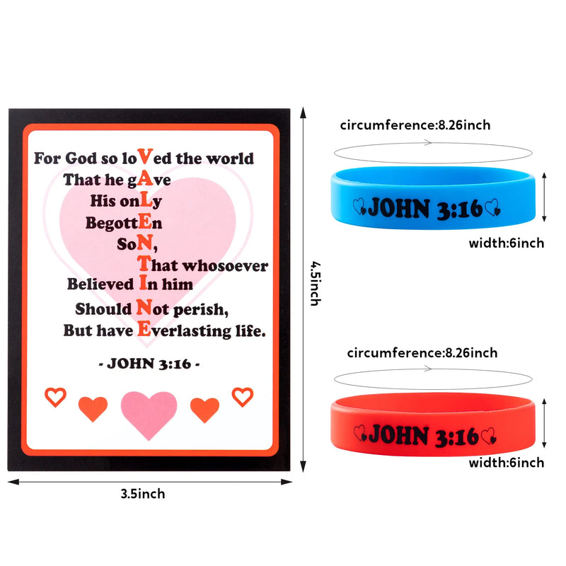 56Pcs John 3:16 Rubber Bracelet with Valentines Day Cards for Kids-Classroom Exchange Gifts