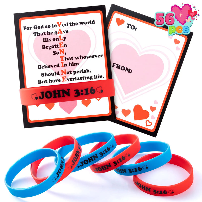 56Pcs John 3:16 Rubber Bracelet with Valentines Day Cards for Kids-Classroom Exchange Gifts