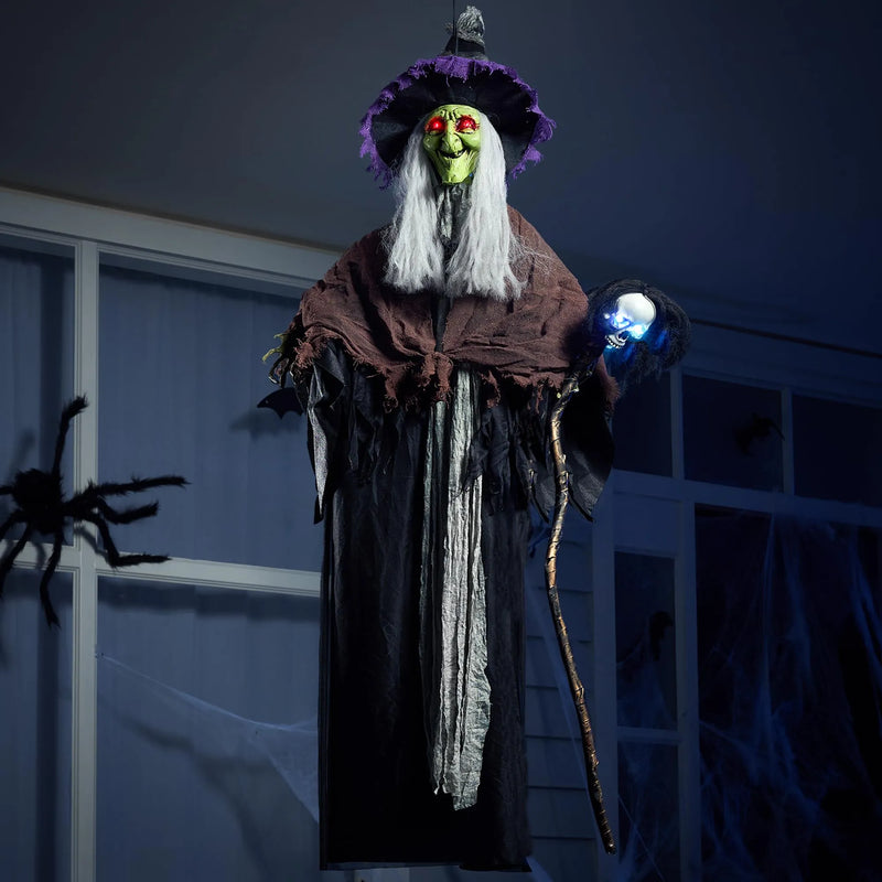 59in Halloween Animated Hanging Talking Witch with Light-up Skeleton Wand