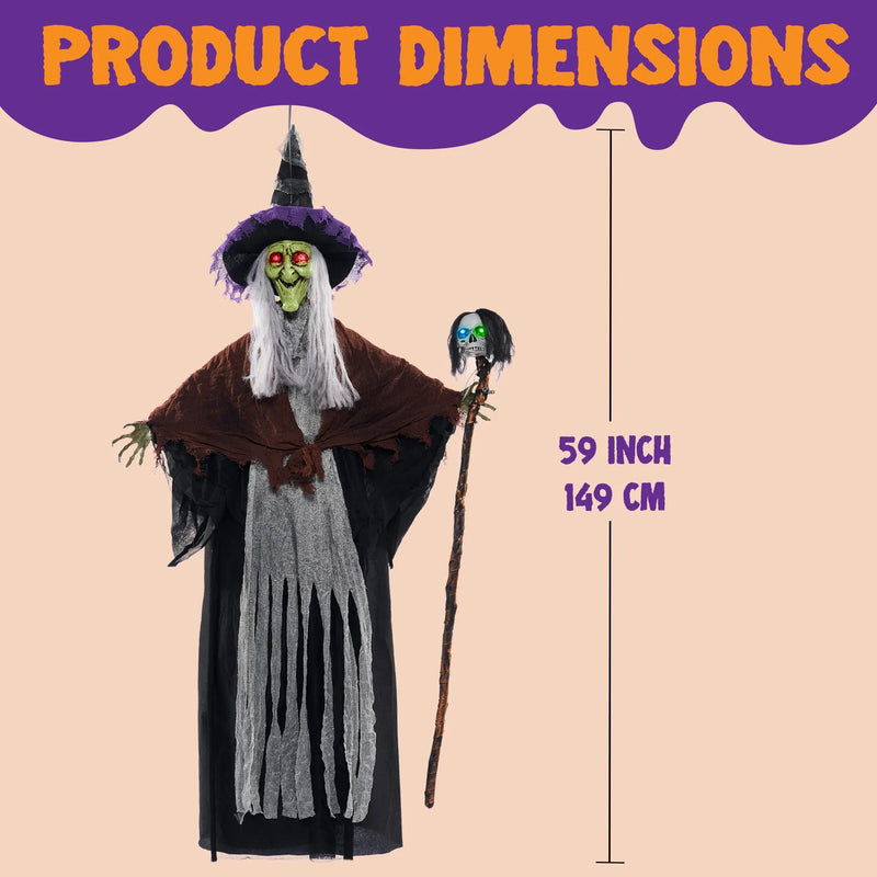 59in Halloween Animated Hanging Talking Witch with Light-up Skeleton Wand