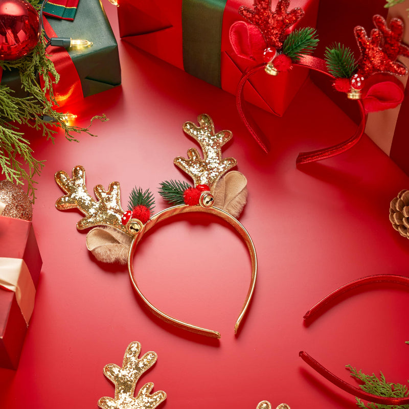 2 Pcs Golden & Red Reindeer Headbands with Glitters