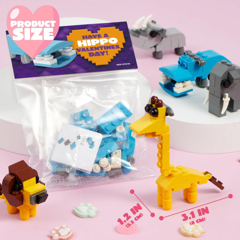 24 Packs Valentines Day Cards with Safari Animal Building Blocks for Gifts Party Favor