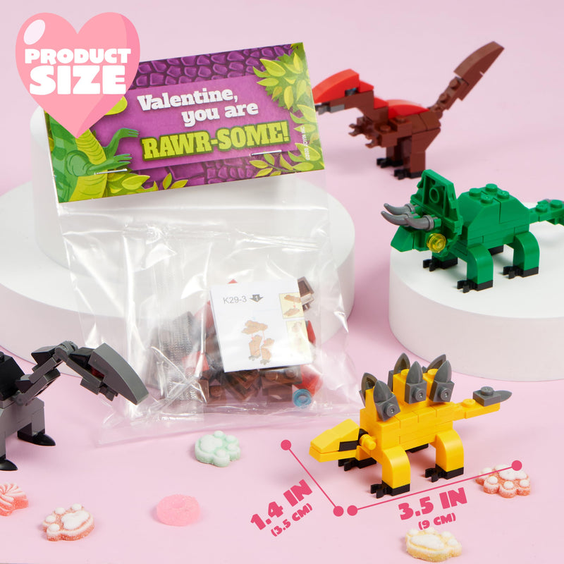24 Packs Valentines Day Cards with Dinosaur Building Blocks for Gifts Party Favor