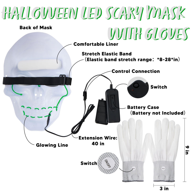 Halloween LED Skull Mask with Light Up Gloves, Green