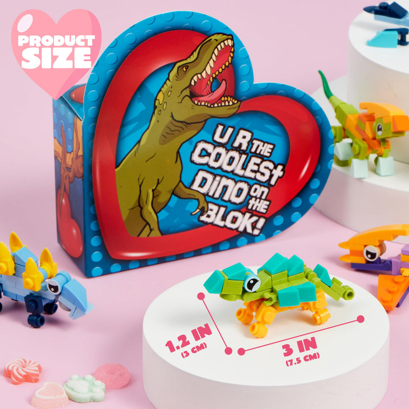 12 Packs Valentines Dinosaur Building Blocks Toys with Heart Boxes for Valentine Party Favors