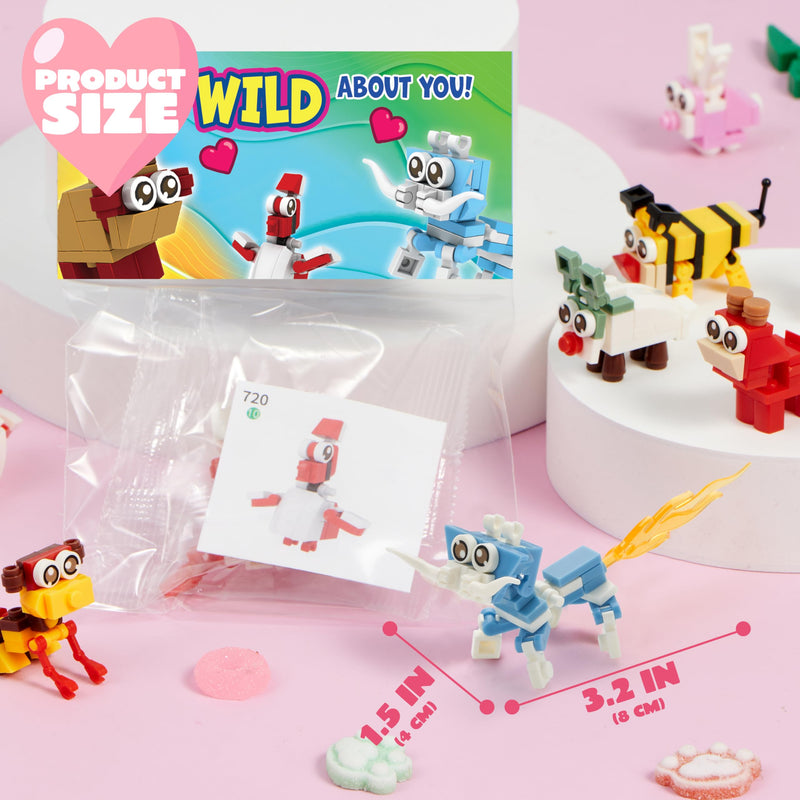 24 Packs Valentines Day Gift Cards with Animal Building Blocks for Party Favor Toy
